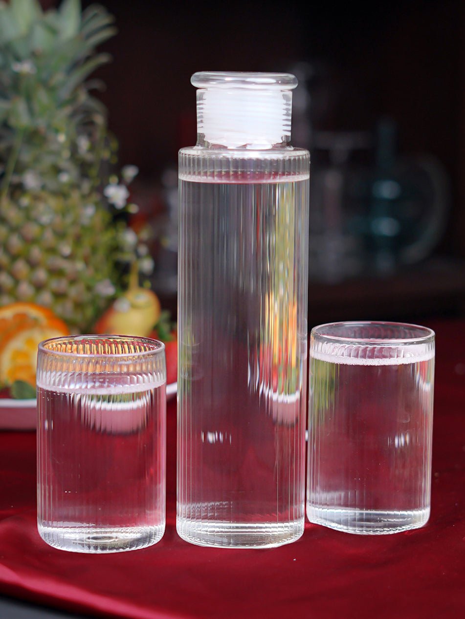 Thin Ribbed Clear Borosilicate Bottle and Glass Set - Borotech